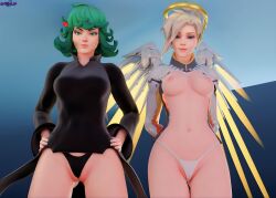 2girls 3d black_panties cameltoe crossover female female_only flying jinxed_xp kiriko_(overwatch) mercy one-punch_man overwatch panties slipping_out tatsumaki tatsumaki_(cosplay) terrible_tornado_kiriko tight_clothing white_panties