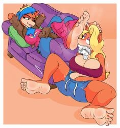 2girls activision anthro barefoot clothed clothing crash_(series) duo eye_roll feet female female/female female_only foot_fetish foot_focus fur furry hi_res masturbation multiple_girls pirate_tawna sitting smile smirk sniffing sock_in_mouth socks steamy_feet tawna_bandicoot tawna_bandicoot_(crash_4) tinydevilhorns yuri