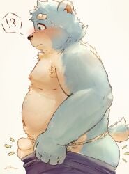 10_cosmo_24 2023 anthro asian_clothing bear belly black_nose blue_body blush bonasiah bulge clothing east_asian_clothing exclamation_point full_attack fundoshi hi_res japanese_clothing kemono male mammal moobs navel nipples overweight overweight_male question_mark solo sophring_hao underwear white_clothing white_fundoshi white_underwear young