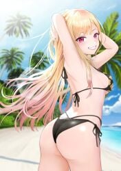 1girls arms_behind_head ass beach bikini blonde_hair breasts cowboy_shot female female_only gibun_(sozoshu) kitagawa_marin long_hair looking_at_viewer looking_back red_eyes sideboob sono_bisque_doll_wa_koi_wo_suru string_bikini