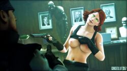 female green_eyes gun hypnosis lifting_shirt looking_at_another meryl_silverburgh metal_gear_solid nipples psycho_mantis solid_snake tattoo tomboy watermark xxxgingeslut357xxx