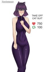 1girls alternate_breast_size bare_arms bare_shoulders belly_button black_hair blake_belladonna blush bob_cut catsuit color embarrassed exposed_shoulders female female_focus female_only heart_icon imminent_stripping large_breasts legs_together navel purple_hair retweet_icon rooster_teeth rwby short_hair solo_female strip_game tagme tehshraid thick_thighs thighs tight_clothing white_background yellow_eyes zipper