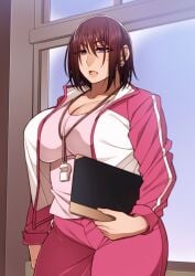 cleavage coach gym_shorts huge_breasts korotsuke looking_at_viewer naomi_tokunaga teacher the_creepy_glasses_girl thick_thighs