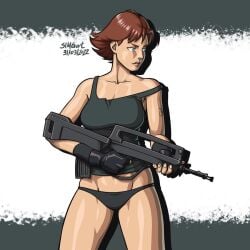 blue_eyes famas gun looking_away meryl_silverburgh metal_gear_solid muscular_female partially_clothed red_hair simgart tattoo tomboy