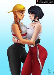 2girls aura_(fortnite) aura_evie(fortnite) black_hair cap evie_(fortnite) female female_only fortnite looking_at_partner multiple_girls pigtails tagme tyrana yuri