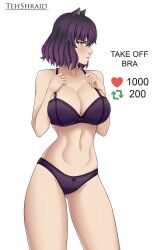 1girls alternate_breast_size black_hair blake_belladonna blush bob_cut bow_bra bow_panties cat_ears catgirl cleavage color embarrassed exposed faunus female heart_icon imminent_stripping kemonomimi large_breasts purple_bra purple_hair purple_panties purple_underwear retweet_icon rooster_teeth rwby short_hair strip_game tagme tehshraid thick_thighs thighs underwear undressed undressing white_background