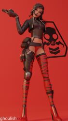 1girls 3d black_hair black_lipstick blender bottomwear clothed clothing female female_focus female_only fortnite ghoulishxxx gloves gun handwear jacket legwear light-skinned_female light_skin lipstick looking_at_viewer panties pose posing red_background red_panties shoes simple_background solo solo_female solo_focus sorana_(fortnite) standing striped_legwear topwear underwear watermark weapon