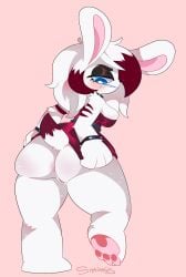 absurd_res anthro ass big_butt blush breasts clothed clothing clothing_lift curvy_female dress dress_lift female fur genitals hi_res lagomorph leporid mammal pulling_clothing pussy rabbit shrimpaws_(artist) shy simple_background solo thick_thighs wide_hips