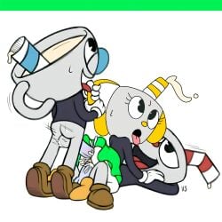 anthro cum cum_in_ass cum_in_pussy cum_inside cup cuphead cuphead_(game) double_penetration mikahead_(character) mugman