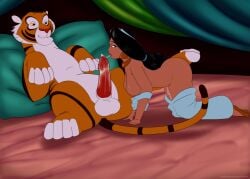 aladdin animal_genitalia animal_penis bodily_fluids cum cum_inside disney disney_princess duo felid feline_genitalia feline_penis female feral genital_fluids genitals harem_outfit harem_pants hi_res human human_on_feral interspecies jewelry leaking_cum making_love male male/female mammal mostly_nude oral pantherine penis pillow precum precum_string princess_jasmine pussy_juice rajah ruanshi story story_at_source story_in_description tiger zoophilia