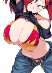 1girls arm_behind_head arm_up big_breasts bikini busty cleavage female female_only flannery_(pokemon) hi_res jeans large_breasts legs midriff mouth_hold navel nintendo one_eye_closed pants pokemon ponytail pose posing red_eyes red_hair sensual shirt_lift solo suzusiigasuki sweat thighs unbuttoned undressing unzipped voluptuous