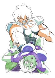 2d 2d_(artwork) alien alien_girl ambiguous_penetration bodysuit broly broly_(dragon_ball_super) cheelai dragon_ball dragon_ball_super dragon_ball_z evil_grin evil_smile funsexydragonball holding_partner implied_penetration implied_sex mostly_clothed muscular_male scars short_hair size_difference suprised suprised_look suspended_on_penis tagme white_hair