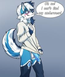 anthro azucaster balls blush bootywithabolt canid canine canis clothed clothing erection erection_under_clothing eyewear fur genitals glasses hair hi_res looking_at_viewer male mammal penis simple_background smile solo tail text