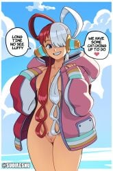 1girls asshole clothing english_text female female_focus female_only female_pubic_hair imminent_sex long_hair monkey_d_luffy one_piece pubic_hair pussy red_hair standing suoiresnu text two_tone_hair uta_(one_piece) white_hair