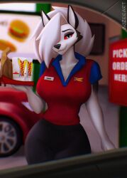 2023 anthro aozee background black_pants breasts canid canid_demon car clothed clothing curvy fanart fast_food female furry goth goth_girl hell_hound helluva_boss hi_res holding_food holding_object hourglass_figure looking_at_viewer loona_(helluva_boss) manager picked_up red_and_blue_clothing red_car smiling smiling_at_viewer sonic_(fast_food) sonic_drive-in tight_clothing wholesome wolf wolf_ears wolf_girl wolf_tail worker