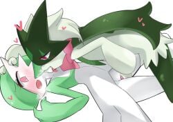 2girls absurdres animal_nose anthro arm_up between_legs blush bob_cut body_fur breath cat_girl colored_skin commentary_request constricted_pupils female fingering flat_chest furry furry_female furry_with_non-furry gardevoir green_fur green_hair green_skin hair_over_one_eye half-closed_eyes hand_between_legs hand_on_another's_head heart highres humanoid interspecies licking looking_at_another lying m3_(gardevoir_m3) meowscarada multicolored_skin multiple_girls no_breasts nose_blush on_back one_eye_covered open_mouth pawpads pokémon_(species) pokemon pokemon_(species) pokemon_sv raised_eyebrows red_eyes short_hair simple_background tongue tongue_out two-tone_fur two-tone_skin vaginal_penetration white_background white_skin wide-eyed yuri