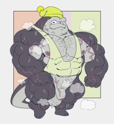 2023 abs anthro balls batoid big_man_(splatoon) bodily_fluids body_hair chest_hair clothed clothing dumbandgreen facial_hair fish genital_fluids genitals grey_body hair hat headgear headwear hi_res male male_only marine muscular muscular_anthro muscular_male nipples pecs penis simple_background solo splatoon splatoon_(series) splatoon_3 stingray topwear