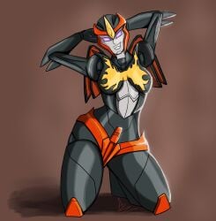 azzertyimages flamewar gynoid hands_behind_head on_knees pose robot robot_girl smile transformers