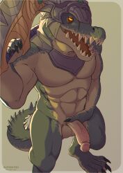 1boy 2023 abs aledonrex anthro artist_name balls ballsack bara biped circumcised circumcision_scar claws crocodilian digital_drawing_(artwork) digital_media_(artwork) facial_scar feet finger_claws foreskin foreskin_folds genital_scar genitals glans green_skin helmet hi_res humanoid_genitalia humanoid_penis intact league_of_legends looking_at_viewer male male_only masculine nude_male open_mouth penis renekton reptile retracted_foreskin scalie scar schrodinger's_foreskin scrotum semi-erect sharp_teeth simple_background solo standing tail tan_countershading testicles toe_claws uncut veiny_penis weapon yellow_eyes