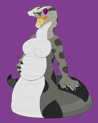 anthro belly_button belly_scales big_belly big_eyes black_claws boa breasts clawed_fingers claws cute draconcopode featureless_breasts female grey grey_body grey_skin grey_spots hand_on_belly hand_on_own_belly large_eyes monochrome_background naga non-mammal_breasts open_mouth pregnant purple_background purple_eyes reptile round_eyes royalty_(artist) scalie simple_background slit_pupils snake solo spots spotted_body white_belly yellow_mouth