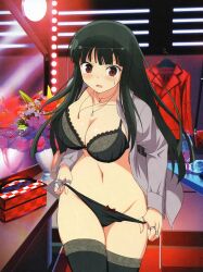 1girls 2010s black_bra black_hair black_legwear black_panties blush bow bow_panties bra breasts cleavage clothes_pull dressing_room female highres jewelry lingerie long_hair marvelous navel necklace official_art open_clothes open_shirt panties pulled_by_self red_eyes senran_kagura senran_kagura_new_link senran_kagura_new_wave tsubaki_(senran_kagura) underwear undressing yaegashi_nan