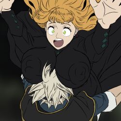 arms_up ass asta_(black_clover) bangs big_areola big_arms big_ass big_breasts big_breasts big_breasts big_nipples black_clover black_dress blonde_female blonde_hair blonde_hair_female blue_shirt breasts breasts breasts breasts_bigger_than_head curvy curvy_body curvy_female curvy_figure face_between_breasts face_in_breasts falling female gray_hair green_eyes grey_hair hands_up hips hips_wider_than_shoulders huge_breasts large_breasts light_skin mimosa_vermillion muscles muscular nipples_visible_through_clothing on_top open_mouth popstepx smaller_female smaller_male surprise surprised surprised_expression thick_hips thick_legs thick_thighs thighs voluptuous voluptuous_female wavy_hair wide_hips wide_thighs