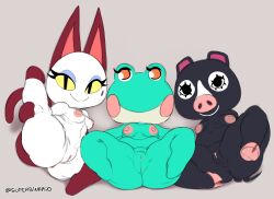 agnes_(animal_crossing) amphibian animal_crossing anthro black_body breasts brown_body brown_fur domestic_cat domestic_pig felid feline felis female frog fur furry green_body group hi_res lily_(animal_crossing) looking_at_viewer male male/female mammal mouth_closed nintendo nipples nude olivia_(animal_crossing) orange_eyes pupils raised_leg simple_background slit_pupils smile spread_legs spreading suid suina superbinario sus_(pig) tail trio white_body white_fur yellow_sclera