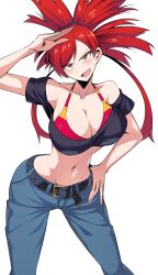 1girls arm_above_head bent_over big_breasts busty cleavage confident female female_only flannery_(pokemon) hand_on_hip hand_on_own_head jeans large_breasts leaning_forward legs looking_at_viewer midriff navel nintendo pants pokemon ponytail pose posing red_eyes red_hair sensual smile solo suzusiigasuki thighs voluptuous