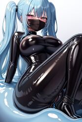 ai_generated big_ass big_breasts big_butt blue_hair caelxn large_ass large_breasts latex latex_breasts latex_nipples latex_suit latex_vagina long_hair looking_at_viewer mask pink_eyes sitting slime slime_(substance) stable_diffusion thick_ass thick_thighs tight_clothing