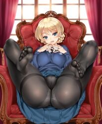 10s ass black_necktie black_pantyhose blonde_hair blue_eyes blue_skirt blue_sweater blush braid breast_suppress breasts cameltoe chair cle_masahiro clothes_lift curtains darjeeling dress_shirt emblem feet female french_braid full_body girls_und_panzer gusset hand_to_own_mouth impossible_clothes large_breasts long_sleeves looking_at_viewer necktie no_shoes panties panties_under_pantyhose pantyhose perspective pleated_skirt presenting pussy school_uniform shiny_clothes shirt short_hair sitting skirt skirt_lift smile soles solo spread_legs st._gloriana's_school_uniform sweater thighband_pantyhose toenails toes underwear v-neck white_shirt window