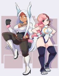 2girls armpits black_gloves blush breasts brown_eye brown_hair bunny_ears cleavage cropped_jacket crossover duo eastern_and_western_character eyelashes female female_only gloves heterochromia high_heels huge_breasts leotard light-skinned_female light_skin long_hair miruko miruko_(cosplay) multicolored_hair my_hero_academia necklace neo_(rwby) neo_(rwby)_(cosplay) onigiri_punch outfit_swap pink_eye pink_hair rumi_usagiyama rwby shounen_jump smile stockings tan-skinned_female tan_body thick_thighs white_hair white_jacket wide_hips yellow_eyes