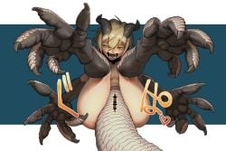 animal_feet animal_hands anthro blonde_hair blue_background breasts claws cloaca colored_eyelashes completely_nude digitigrade dragon_girl dragon_horns dragon_tail fangs feet female foot_focus full_body grey_scales hair_between_eyes horns irontom kanemaki_thomas looking_at_viewer monster_girl naughty_face nude open_mouth original scales sharp_teeth short_hair simple_background small_breasts solo tail teeth yellow_eyes