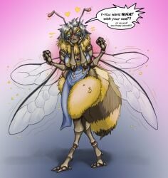 antennae_(anatomy) anthro apron arthropod bee black_hair black_sclera bodily_fluids breasts cleavage clothed clothing comictf english_text eyewear felicia_banks female food glasses hair heart heart_reaction holding_face honey_(food) hymenopteran i_mean_breast_milk insects lactating lactating_honey lactating_through_clothing lactation looking_at_viewer membrane_(anatomy) membranous_wings meme mice_tea multi_arm multi_limb solo speech_bubble stinger text wet wet_clothing wings yellow_eyes