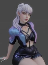 1girls 3d 3d_(artwork) big_ass bra breasts cleavage curvy evelynn eyeshadow female female_only k/da_all_out_evelynn k/da_all_out_series kittyyevil league_of_legends lipstick looking_at_viewer pale_skin ponytail red_lipstick skirt succubus thick_thighs white_hair