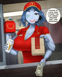 1girls big_breasts big_mac blue_body cleavage dismaiden dollar_sign drive_thru elden_ring fast_food fast_food_uniform female female_only fromsoftware george_washington happy_meal huge_breasts ice_cream ice_cream_sundae looking_at_viewer mcdonald's multi_arm multi_limb ranni_the_witch talking_to_viewer wholesome