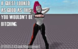 1girls 3d belly_button big_breasts blush croptop exposed_shoulders female guest_(roblox) guest_224 hands_behind_head humanoid meme pink_hair roblox robloxdankmanagement robloxian tagme text underboob