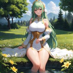 1girls ai_generated bare_shoulders big_breasts breasts detached_sleeves dress flower forest gold_trim gown green_eyes green_hair headband hi_res legs_in_water light-skinned_female princess slim_waist stable_diffusion thick_thighs thighs wide_hips