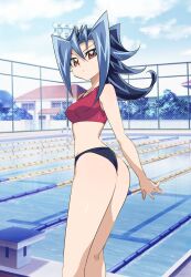 1girls background background_edit bikini blue_hair bryanjoel dntks edit female kamishiro_rio looking_back pool red_eyes rio_kamishiro solo swimming_pool swimsuit yu-gi-oh! yu-gi-oh!_zexal