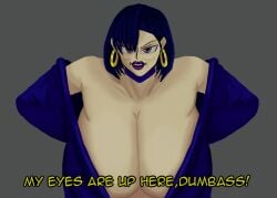 alkaline6022 annoyed annoyed_expression blue_robe bursting_breasts dark_blue_hair degradation ear_piercing exposed_torso gigantic_breasts goth goth_girl hoop_earrings huge_breasts lei_(coloredyiddies) name_calling purple_eyes simple_background tsundere