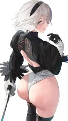 1girls ass ass_focus asurada_yui back big_ass black_gloves black_thighhighs blue_eyes breasts feather-trimmed_sleeves gloves grin hairband highleg highleg_leotard huge_ass juliet_sleeves katana large_breasts leotard long_sleeves looking_at_viewer looking_back nier:_automata parted_lips puffy_sleeves short_hair smile solo square_enix sword thighhighs thighs thong_leotard turtleneck turtleneck_leotard virtuous_contract weapon white_hair white_leotard yorha_2b