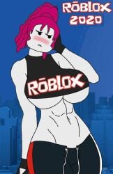 1girls belly_button big_breasts blush bored_expression croptop exposed_shoulders female guest_(roblox) guest_224 huge_breasts kingboo93 muscular muscular_female pink_hair roblox robloxian tagme underboob