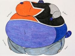 big_breasts blue_eyes blueberry_inflation breasts chewing chewing_gum female furry jeans lj_caffie long_hair orange_shirt pants raccoon shoes spherical_inflation tanuki thick_thighs trash_panda wide_hips