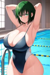 abs ai_generated big_ass big_nipples cleavage fubuki_(one-punch_man) giant_breasts green_clothes green_clothing green_dress green_eyes green_hair hips huge_ass huge_breasts huge_hips huge_thighs looking_at_viewer muscular muscular_female on_bed on_knees one-punch_man staring staring_at_viewer thick_hips wide_hips