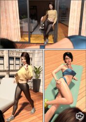 2019 2girls 3d asian asian_futanari black_hair brown_hair clothed clothing crispycheese futanari glasses long_hair medium_breasts multiple_girls nagisa_tsukuda_(crispycheese) original_character outdoor outdoors outside short_hair