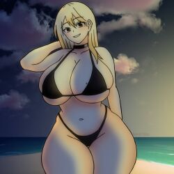 beach big_breasts bikini blonde_hair blush breasts coloredyiddies fairy_tail gigantic_breasts lucy_heartfilia night smile smiling_at_viewer thick_thighs thin_waist twilight voluptuous wide_hips