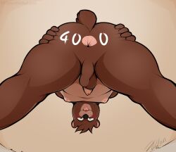 absurd_res anthro anus ass backsack balls bear body_writing brown_body brown_fur fiercedeitylynx flaccid foreskin fur genitals hi_res hole_spelling looking_through looking_through_legs low-angle_view male mammal marlon_(fiercedeitylynx) penis slightly_chubby solo spread_butt spreading