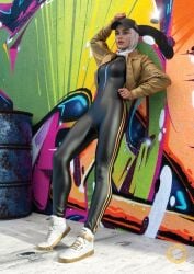 1girls 2023 3d black_body black_bodysuit black_skin bodysuit crispycheese cute female female_only hijab jacket large_breasts leaning lipstick nipple_bulge nipples_visible_through_clothing outdoor outdoors outside pinup red_lipstick solo solo_female standing zipper