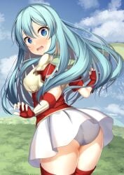 1girls armor ass bare_thighs big_ass blue_eyes blue_hair blue_sky breastplate cape cloud eirika_(fire_emblem) female female female_only fingerless_gloves fire_emblem fire_emblem:_the_sacred_stones gloves hair_between_eyes long_hair looking_at_viewer looking_back nintendo open_mouth outdoors panties red_gloves red_shirt shirt short_sleeves shoulder_armor skirt sky solo thick_thighs thighhighs thighs to_kifa underwear upskirt white_panties white_skirt