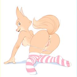 anthro anus ass bodily_fluids breasts canid canine clothing diane_foxington dreamworks female footwear fox genital_fluids genitals hi_res mammal panties pussy pussy_juice simple_background socks solo the_bad_guys underwear vistamage white_background