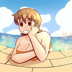 1girls aioi_yuuko breasts brown_eyes brown_hair cleavage dozo_gon huge_breasts nichijou pool poolside short_hair smile solo solo_female swimsuit water